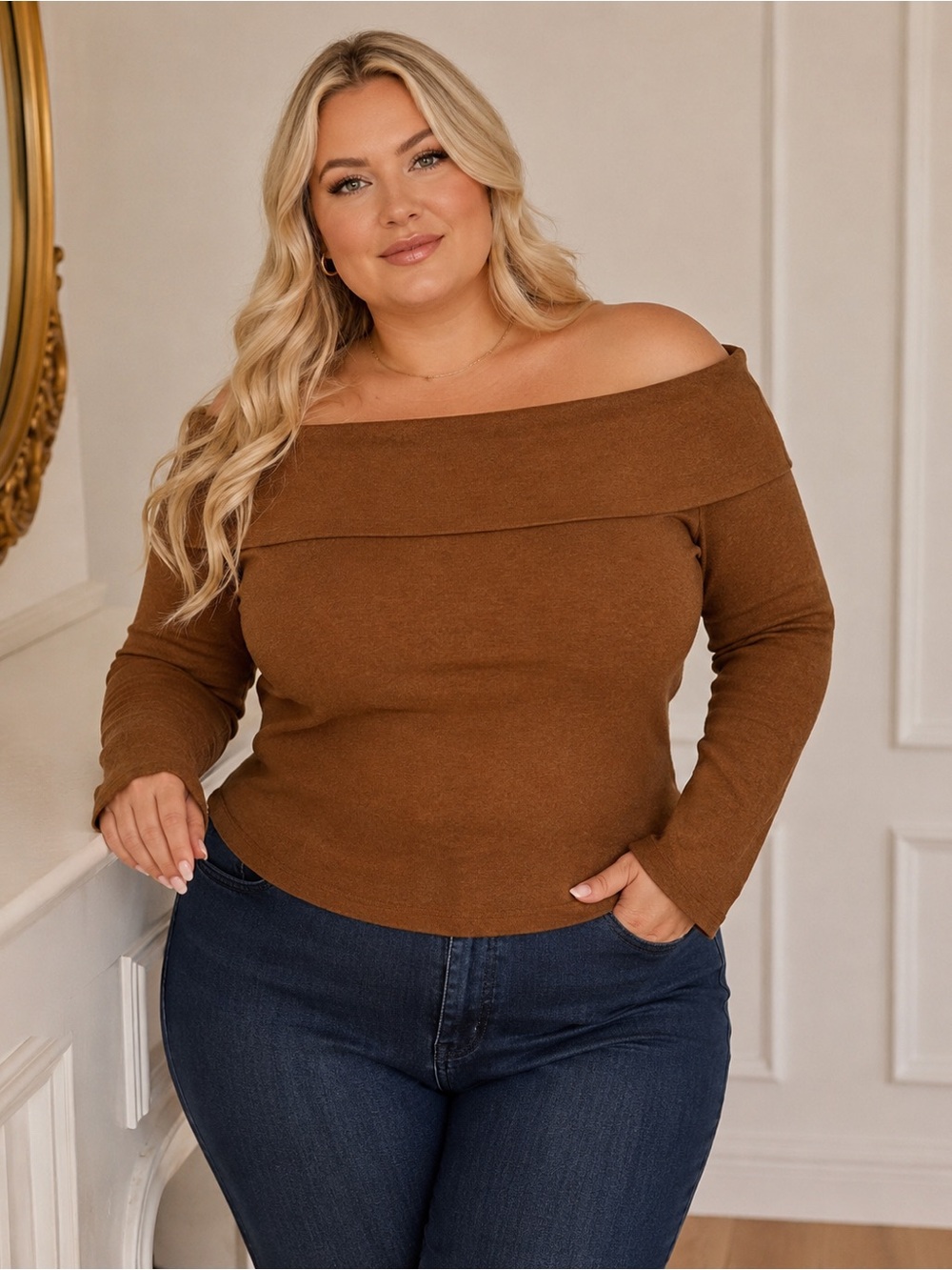 Off-Shoulder Plus Size Sweater Top in Black Chestnut Brown size 1X